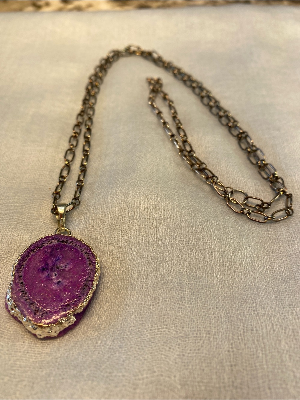 Purple Druzy Slice Pendant Necklace with Antiqued Chain